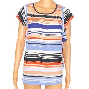 Elle Fairycore Flutter Sleeve Top in Blue Orange Black Stripe Summer Blouse SZ L